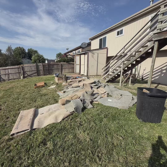 A before and after junk removal transformation video for a home renovation.