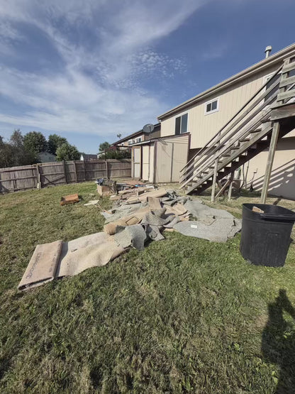 A before and after junk removal transformation video for a home renovation.